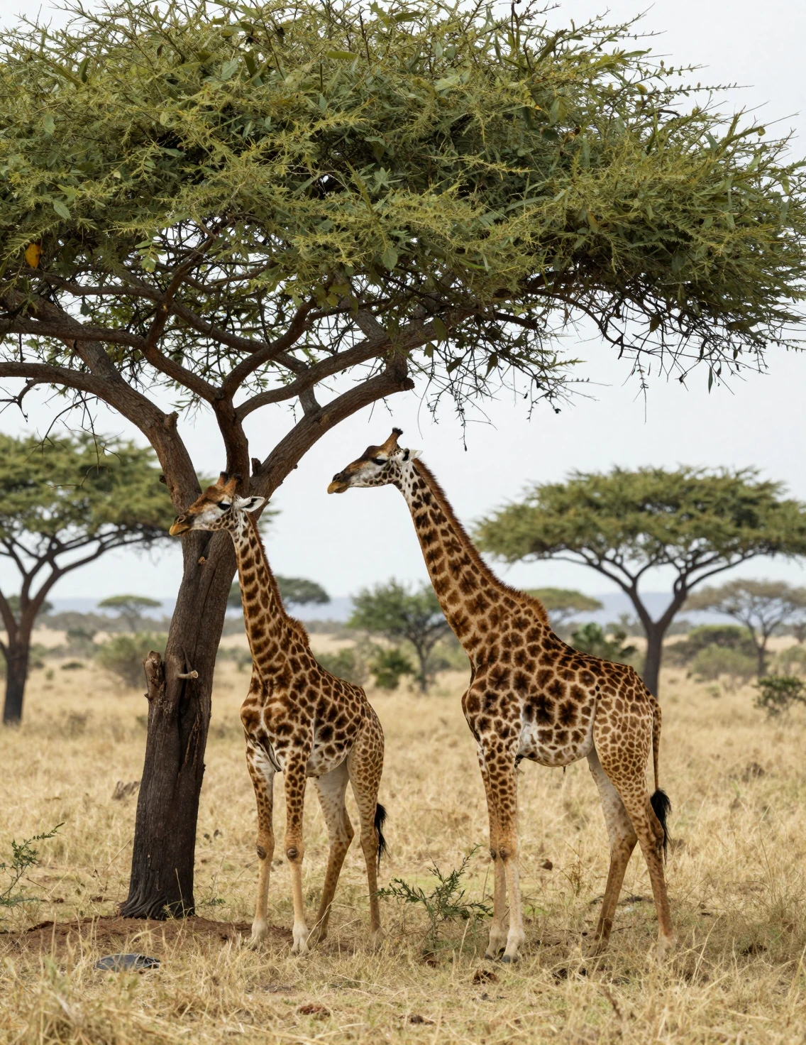Deux girafes se nourrissant d’un acacia dans la savane