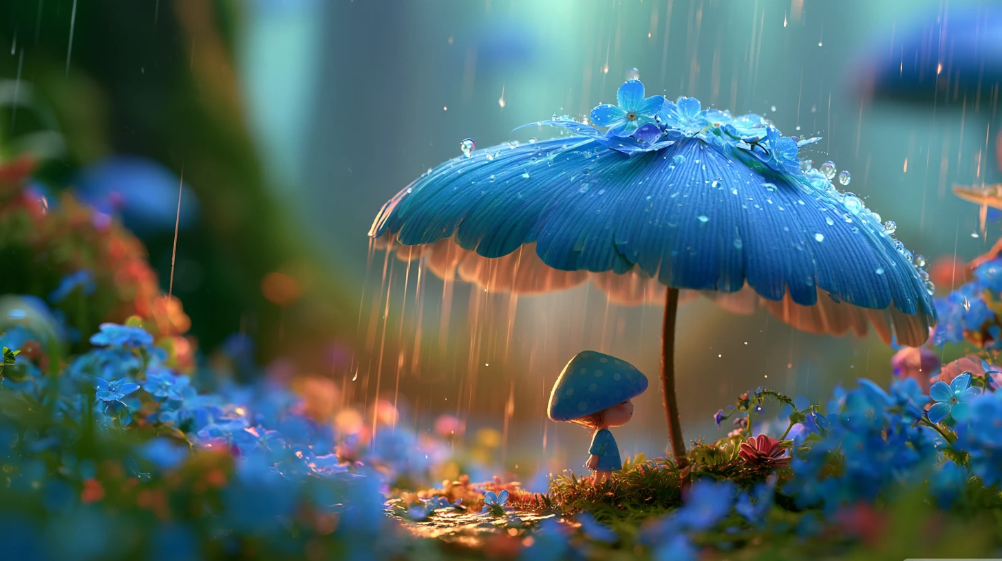 Pequeña criatura fantástica resguardándose de la lluvia bajo flor azul