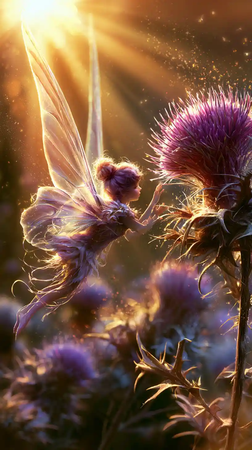 Ethereal Fairy Touching Thistle In Enchanted Forest Glow