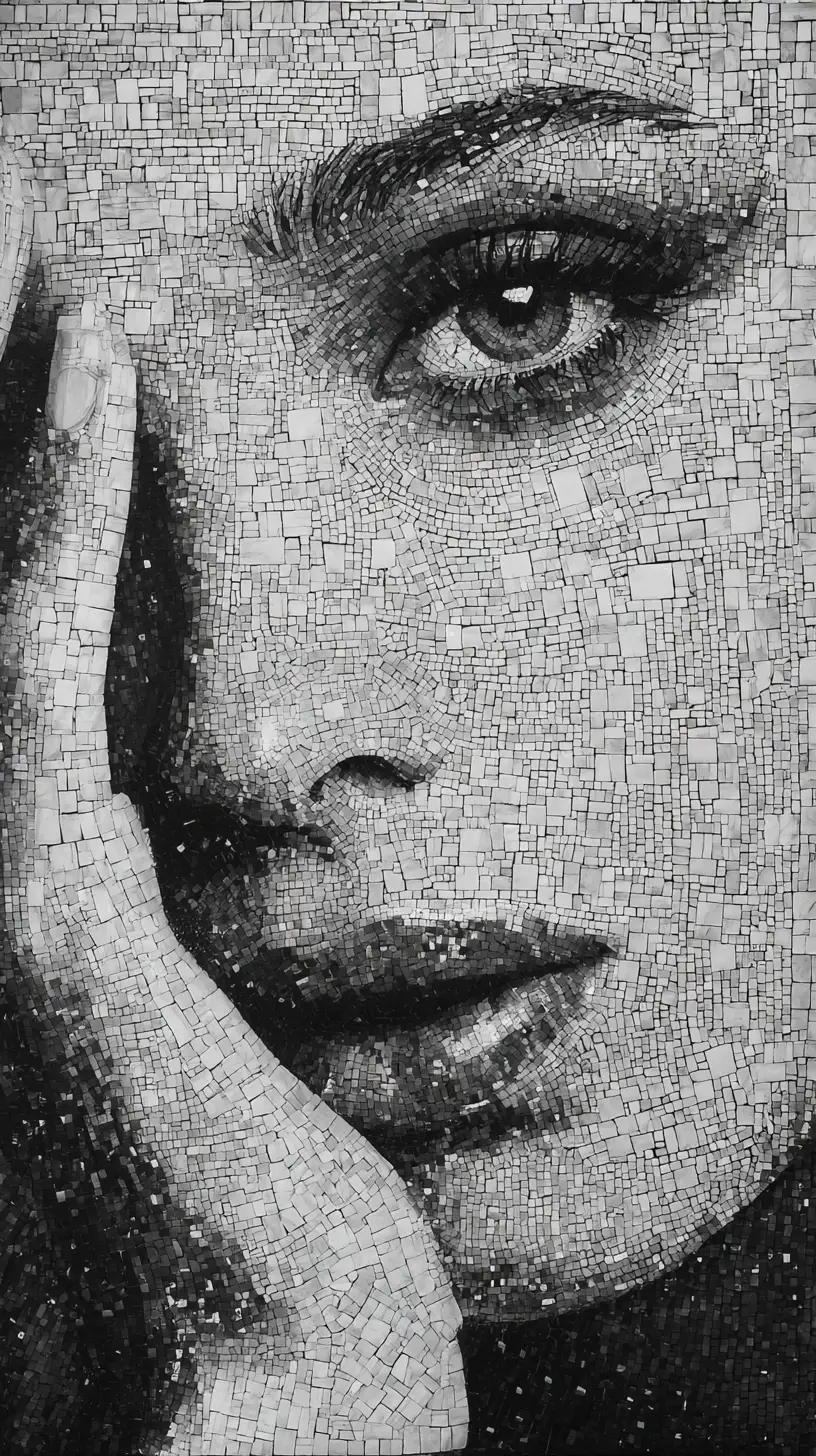 Black And White Mosaic Close Up Portrait Of A Woman