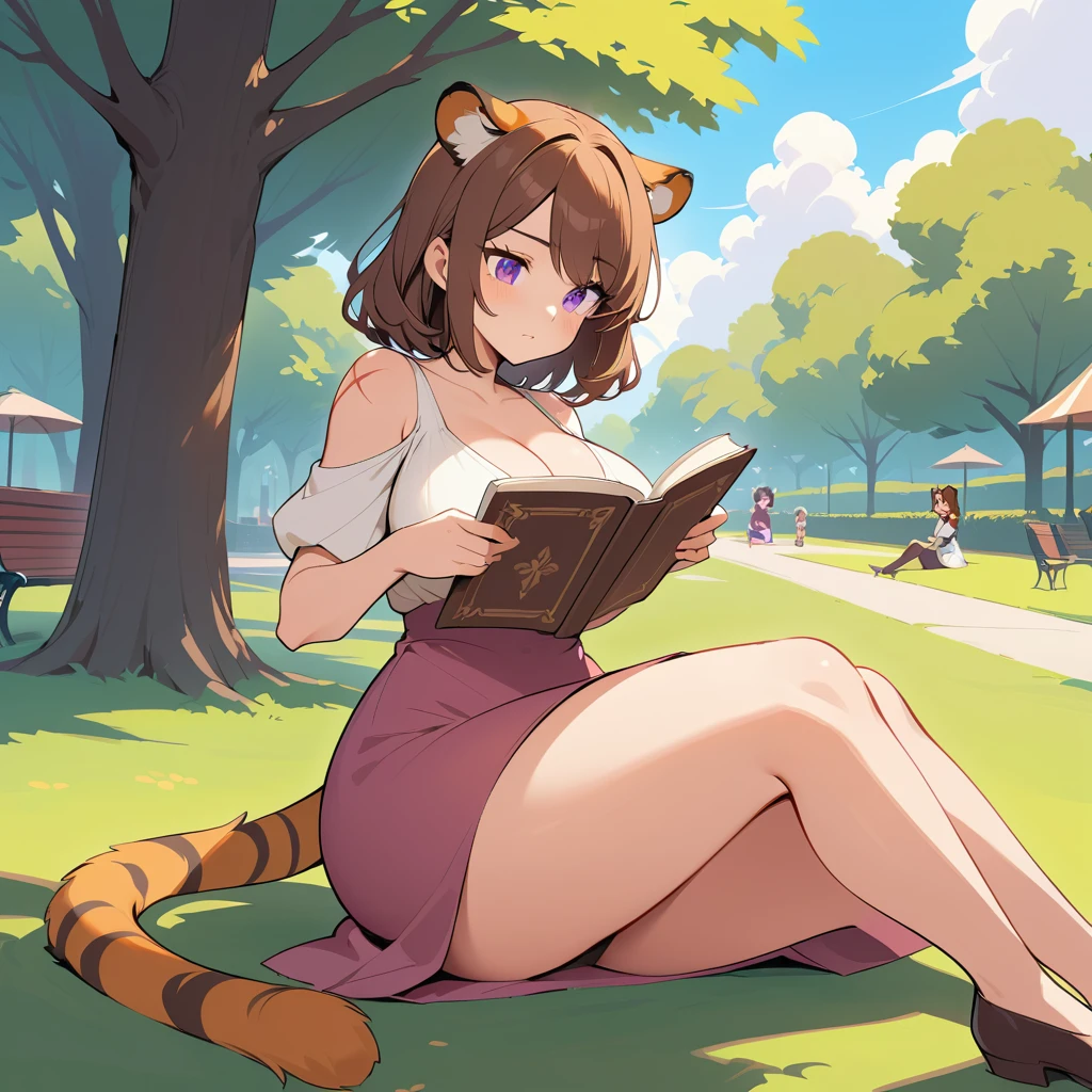 虎の特徴を持つ幻想的な女性が公園で読書している姿