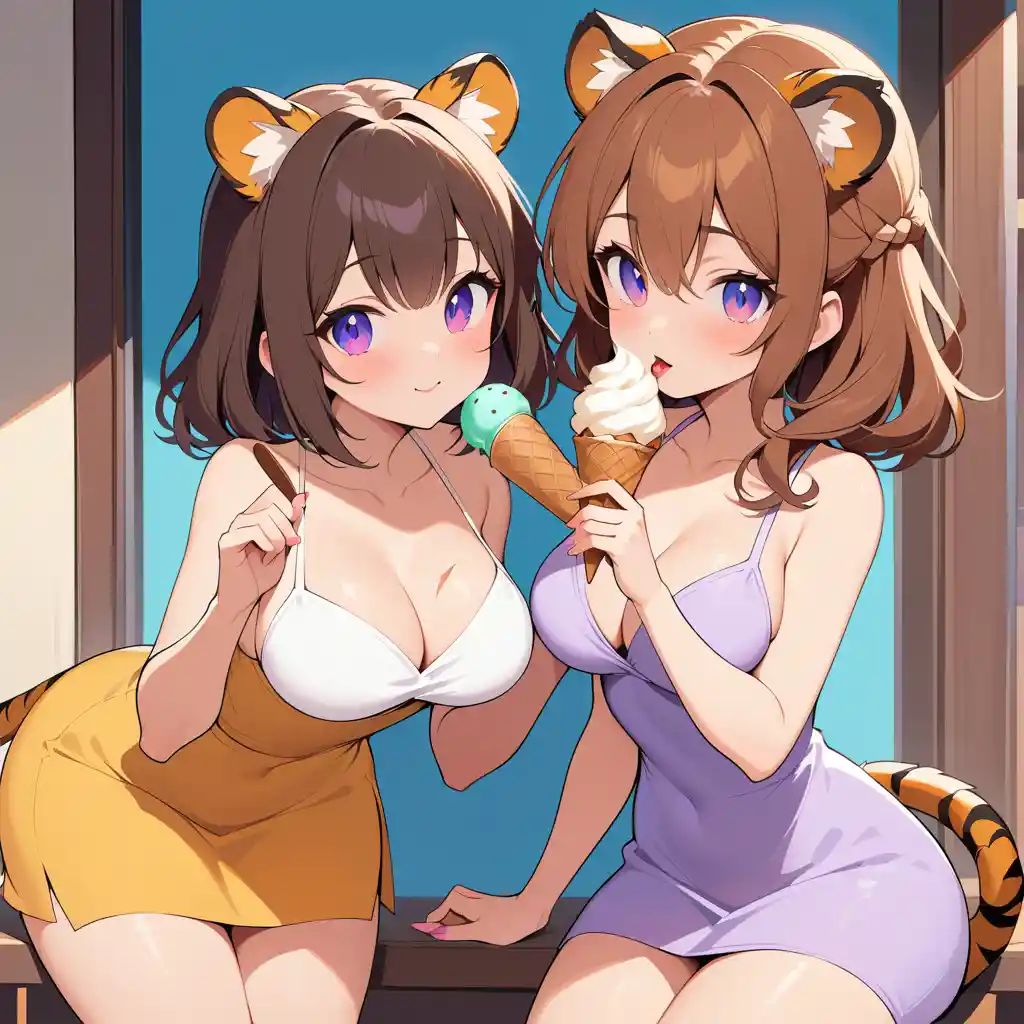 Fantasy woman with tiger features enjoying ice cream