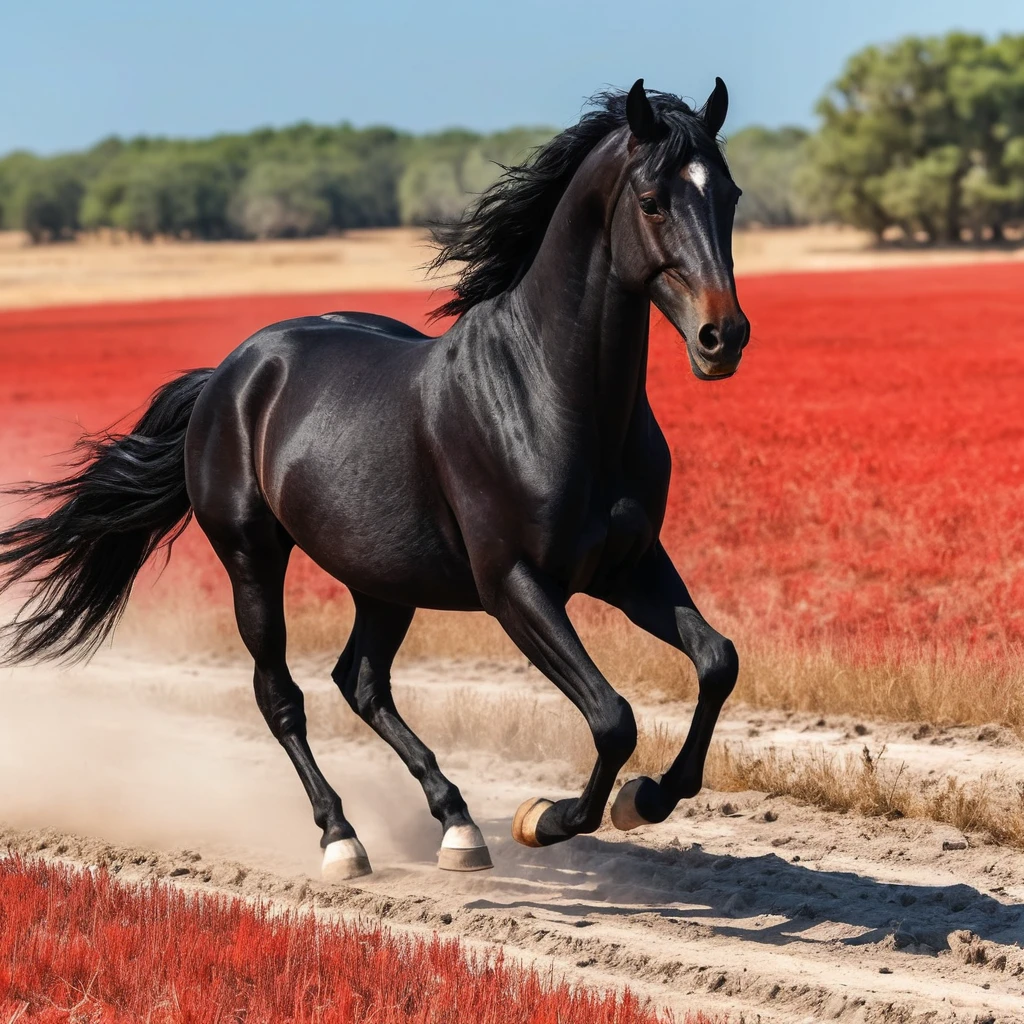 Cavallo nero al trotto in un campo arido