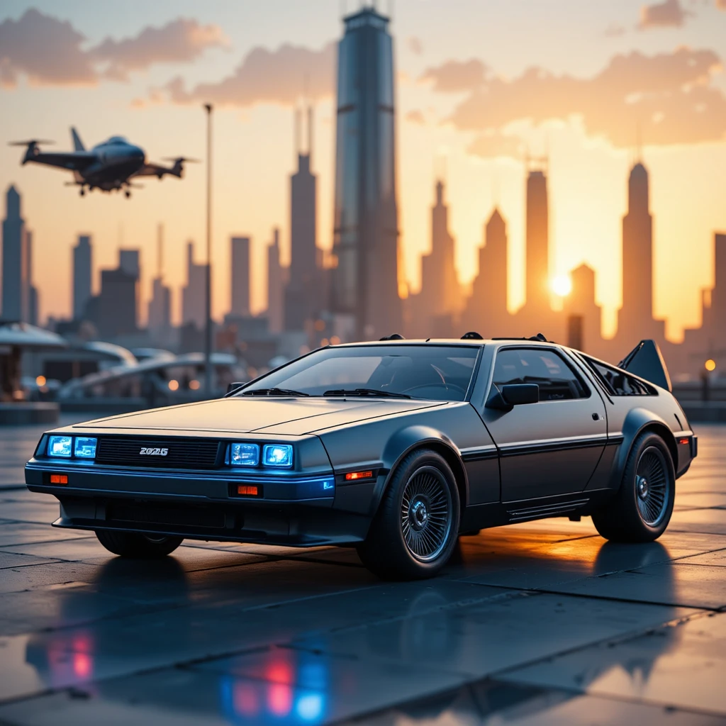 Auto deportivo futurista máquina del tiempo en atardecer de ciudad neón