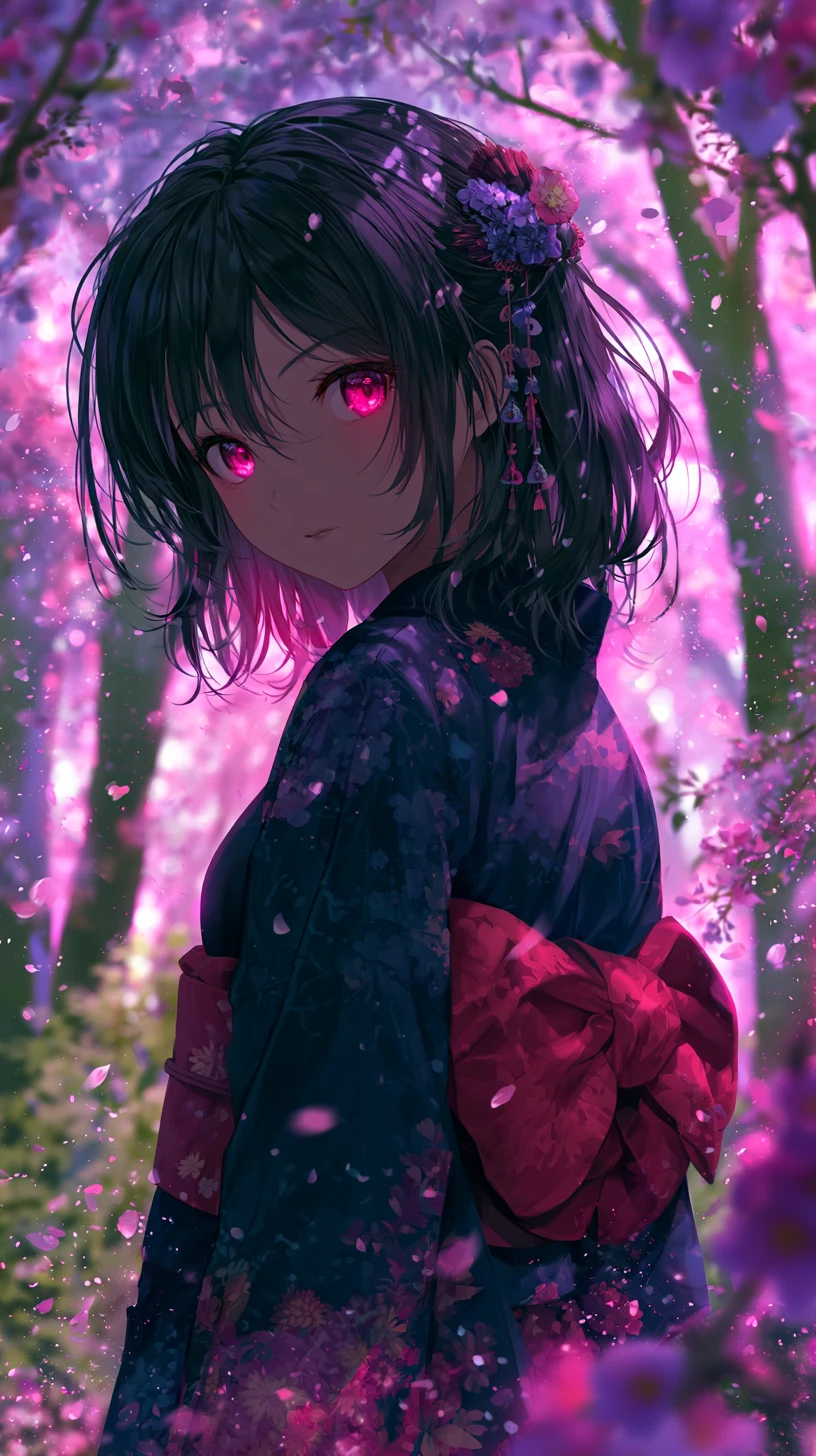 Anime-Mädchen im Kimono unter fallenden Kirschblüten