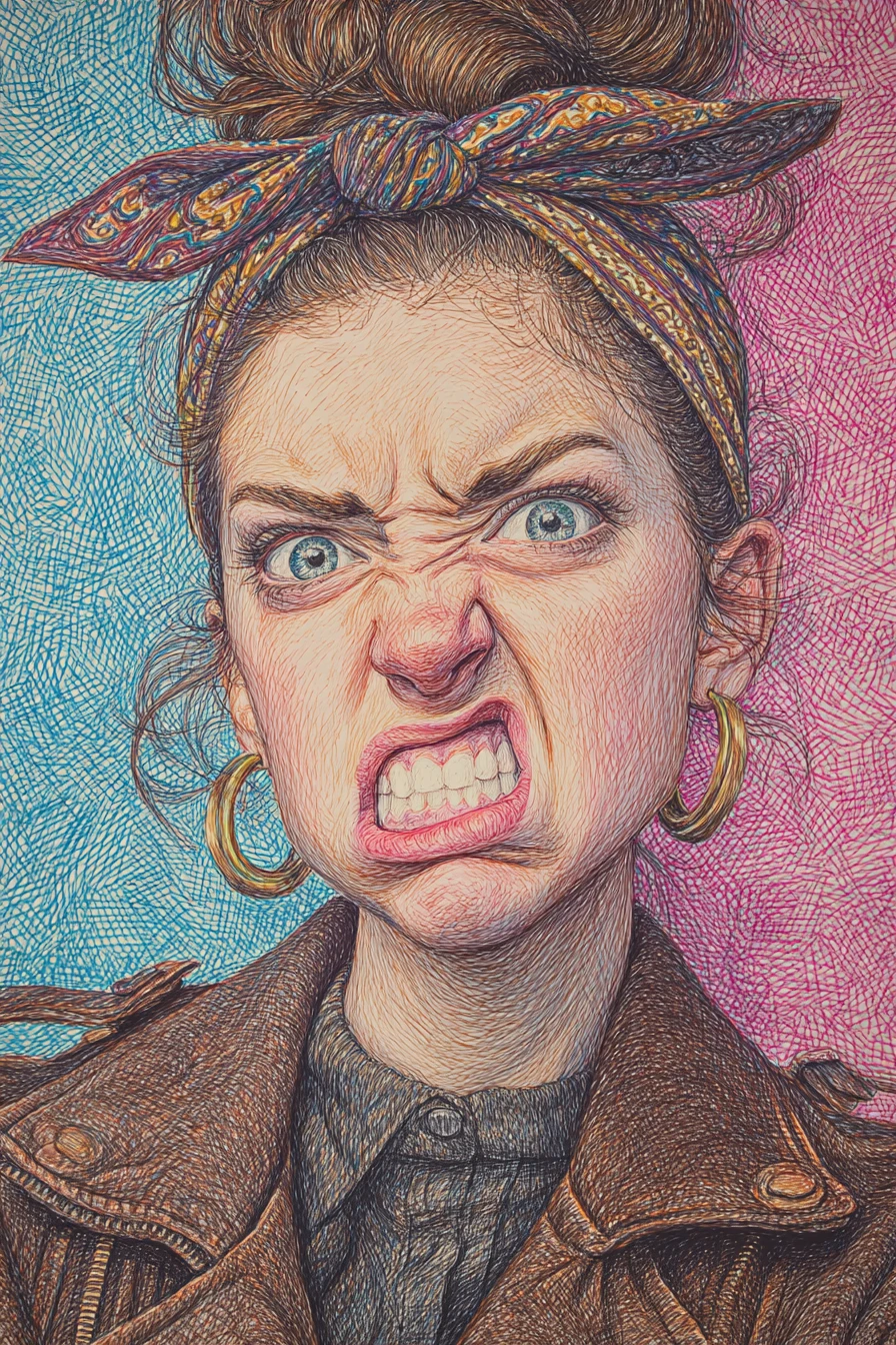 Retrato de chica enfadada en dibujo a bolígrafo y lápices de colores