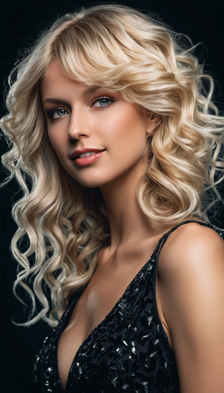 Mujer rubia con lencería negra en retrato tríptico de estudio