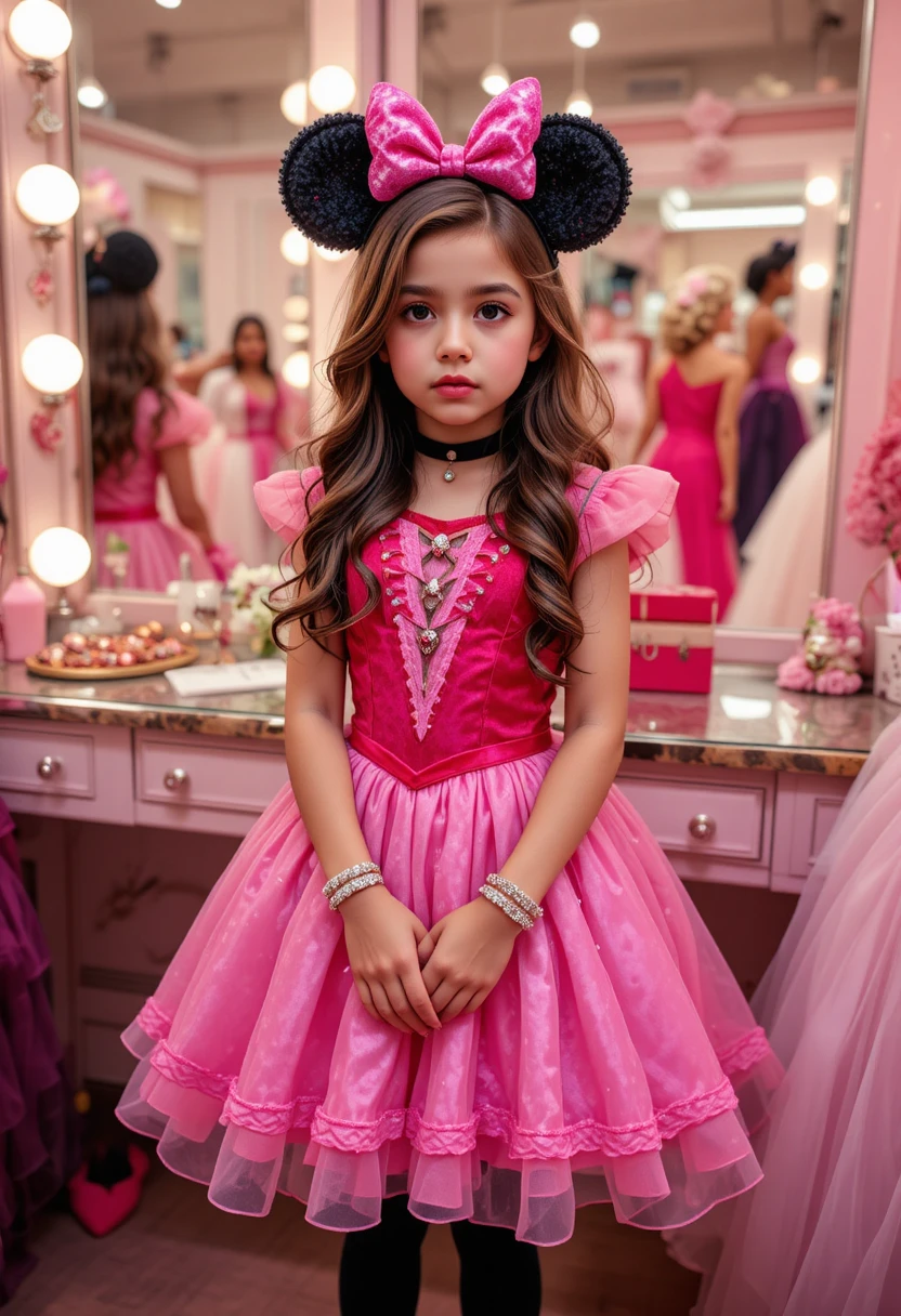 Adolescente nerviosa con vestido rosa de Minnie en el almacén de una boutique