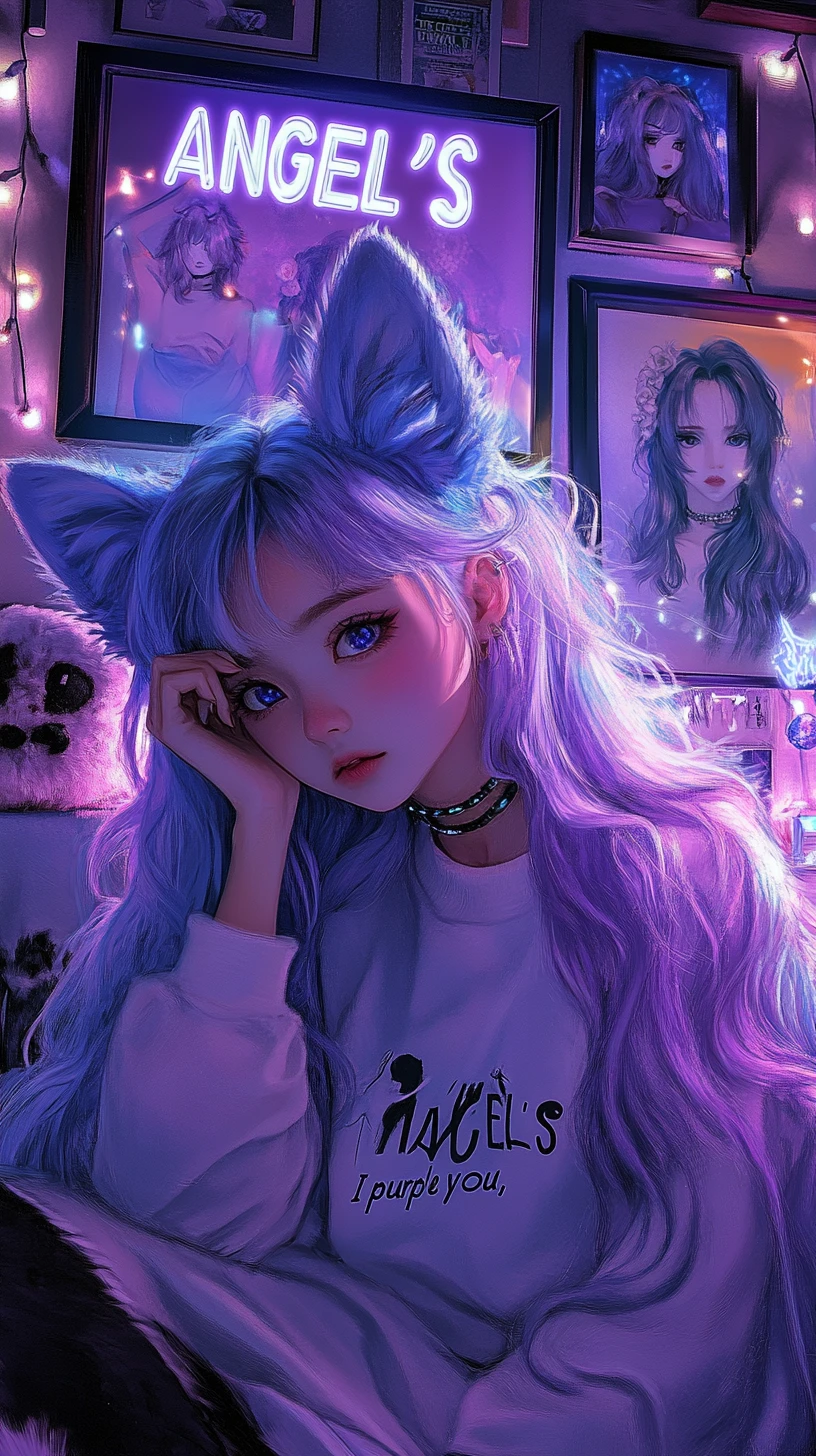 Chica de anime pensativa en un santuario de dormitorio con neón púrpura