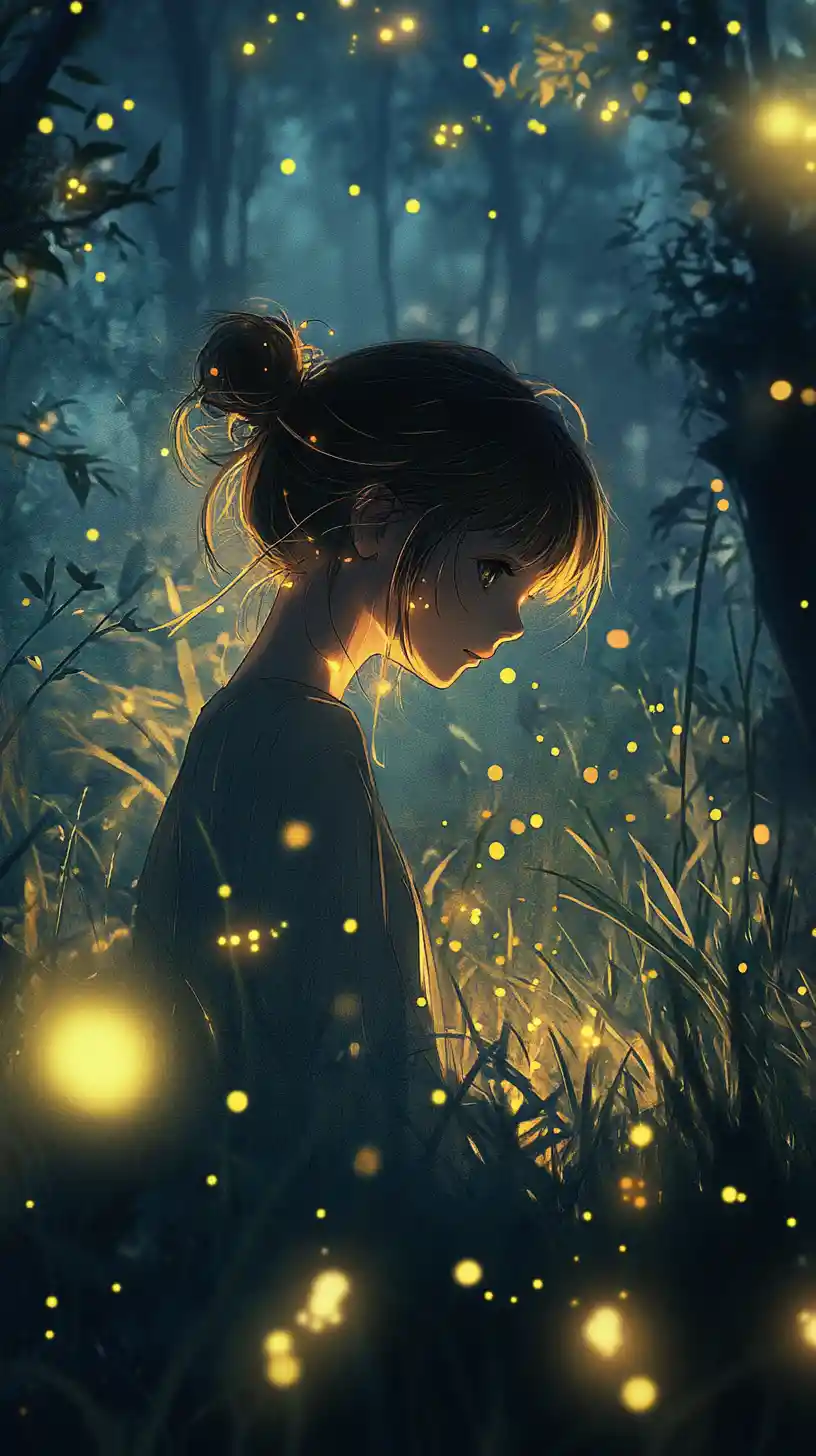 Fille d’animé avec des lucioles dans une forêt sereine