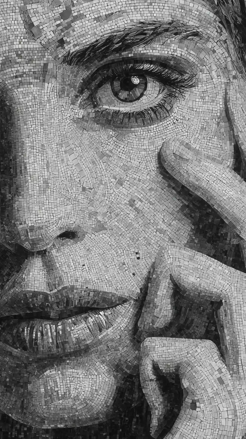 Primo piano in mosaico bianco e nero del volto di una donna