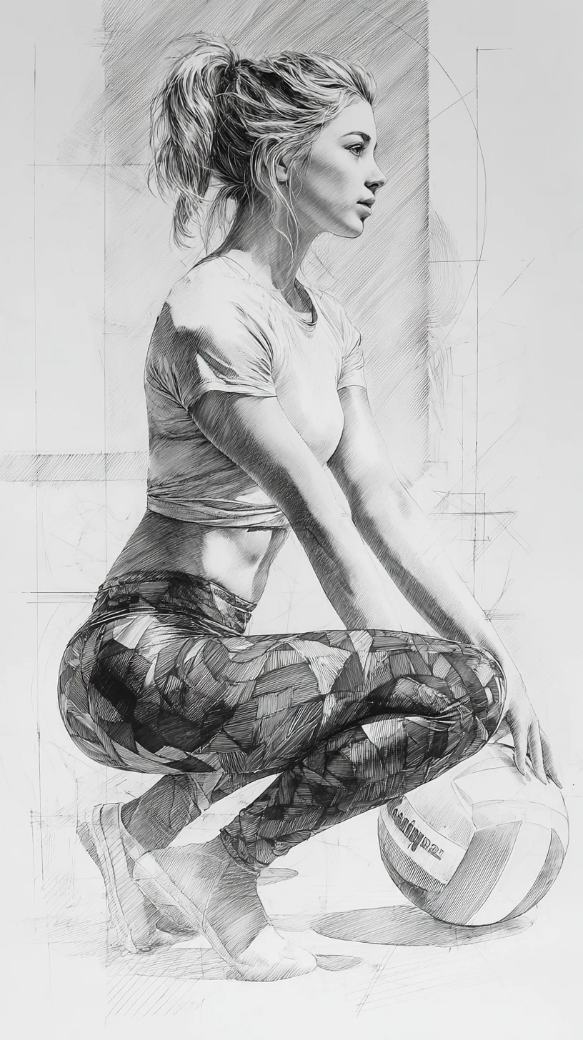 Chica atlética con balón de voleibol en dibujo detallado a tinta
