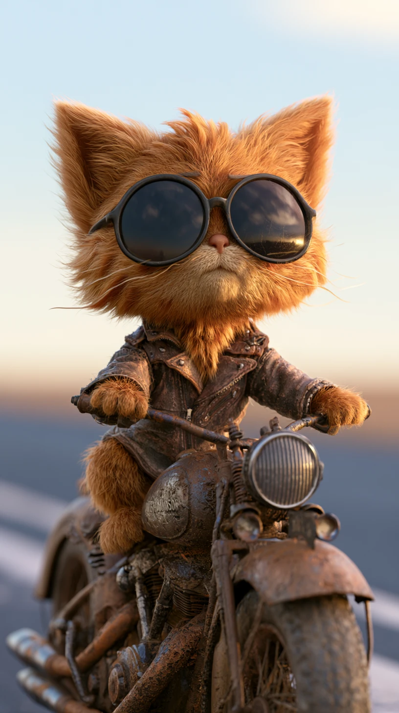 Gatito genial en motocicleta vintage con chaqueta de cuero