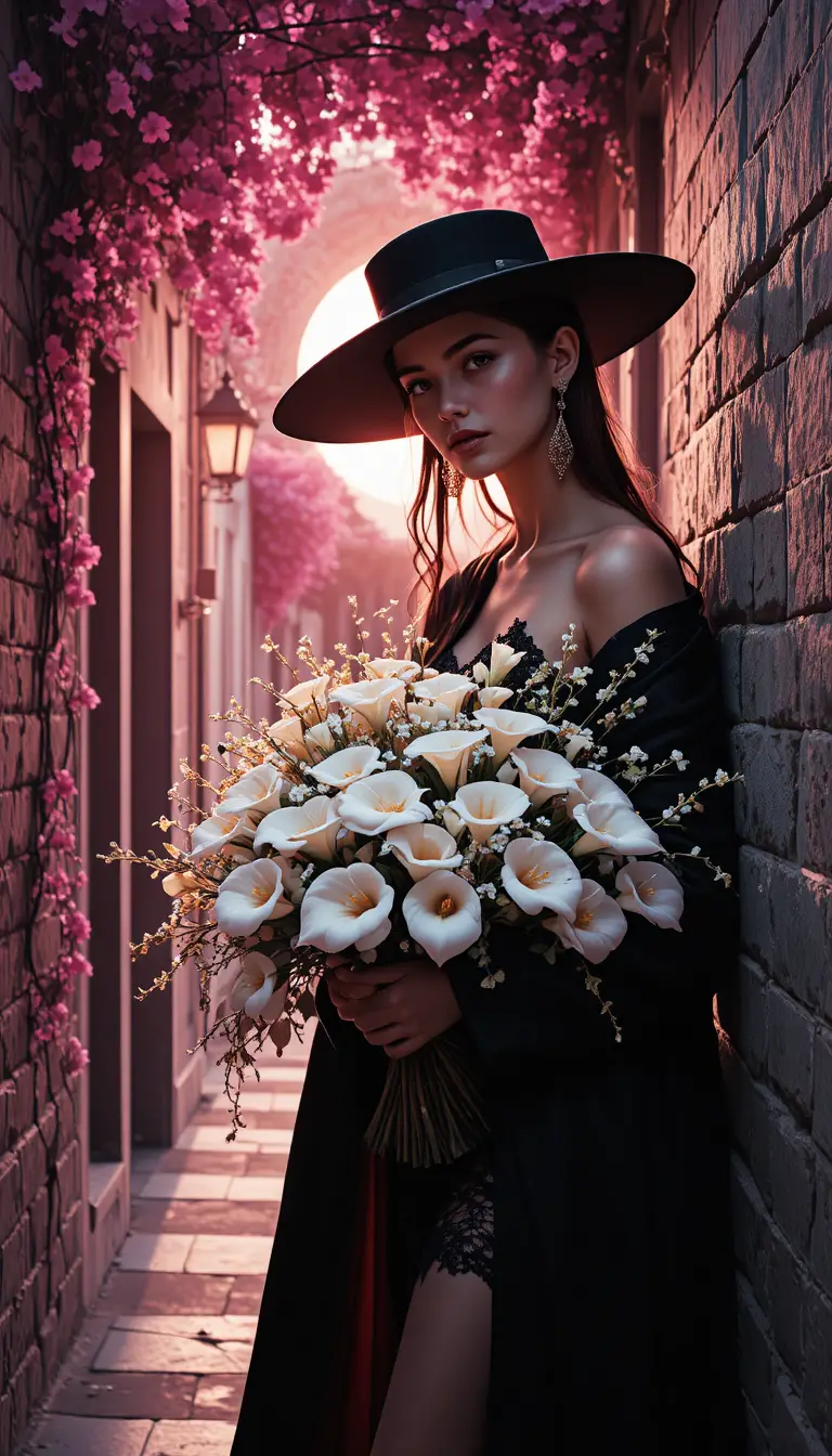 Gothic anime portrait of a Greek woman in an alley