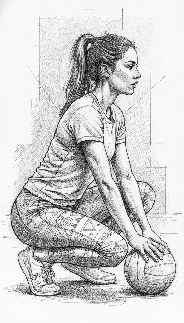Athletic girl crouching with volleyball in pen drawing