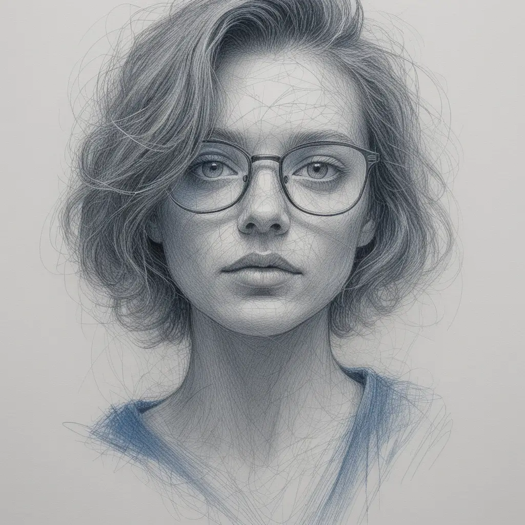 Expressive ballpoint pen portrait with yellow tinted glasses