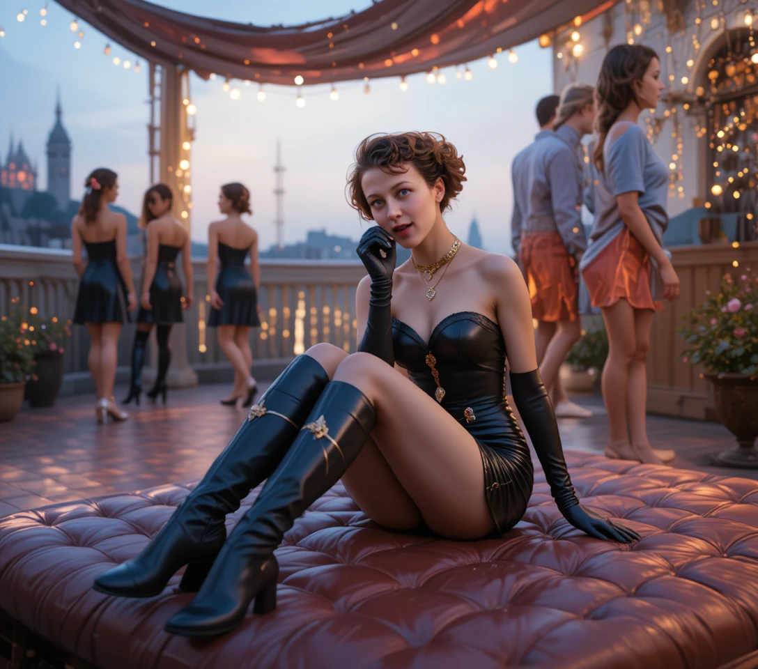 Woman in black leather dress on terrace in tall boots
