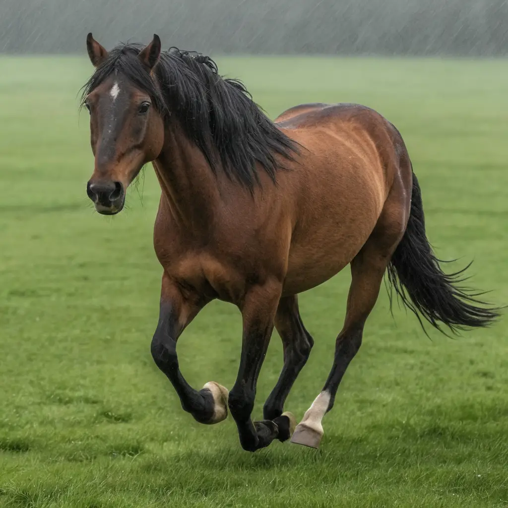 Brown horse trotting through a rainy grassy field