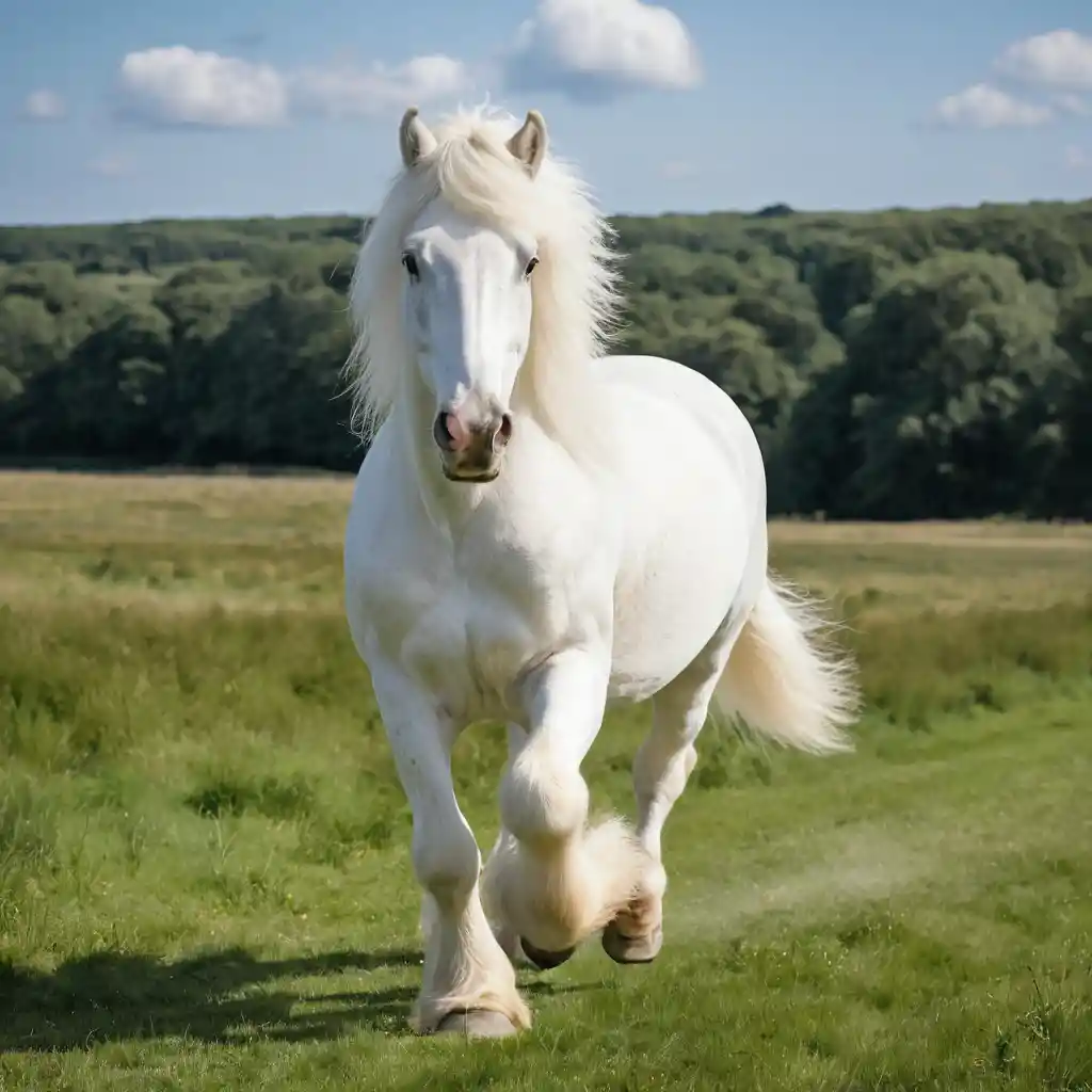 Cavallo shire bianco al trotto in un prato erboso e soleggiato