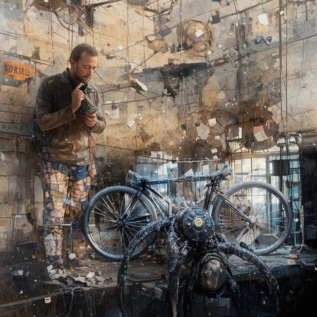 Man standing in a town square surrounded by urban buildings