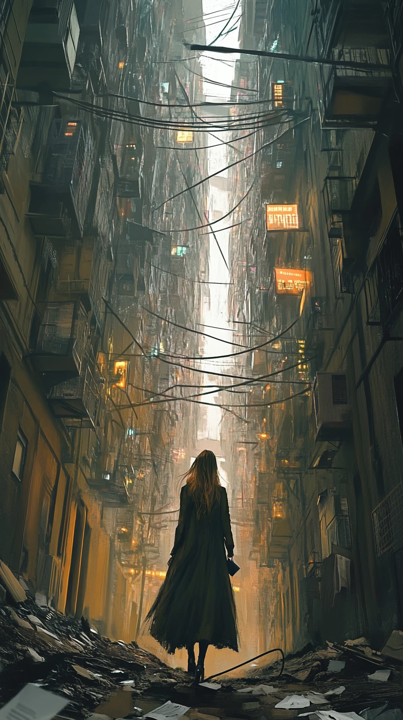 Mujer caminando sola por un estrecho callejón de ciudad distópica
