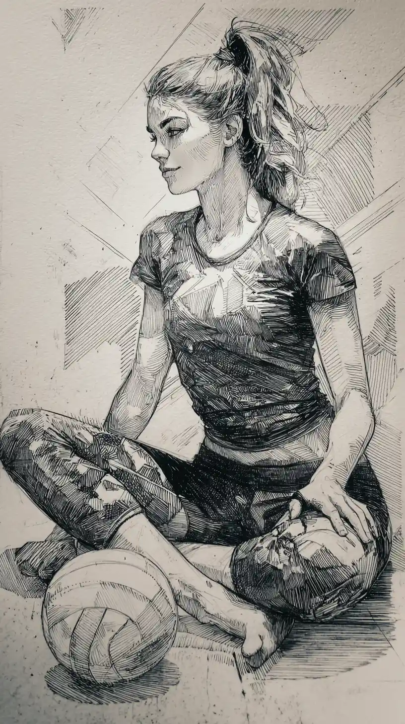 Ragazza atletica con pallavolo in disegno a penna di profilo
