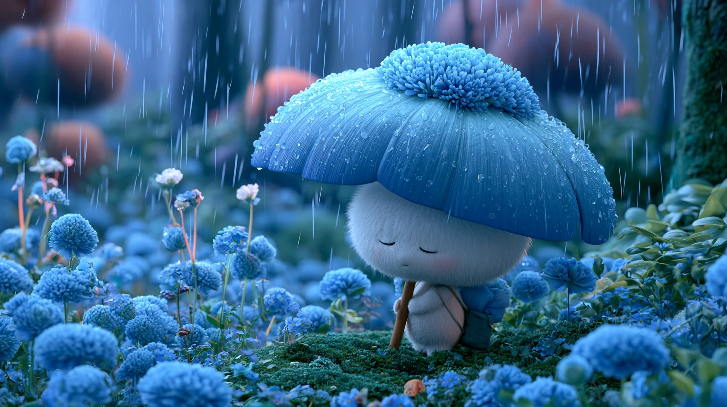 青い花の下で雨宿りする小さなファンタジー生物