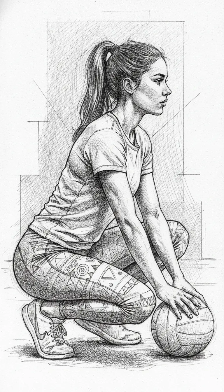 Athletic girl crouching with volleyball in pen drawing