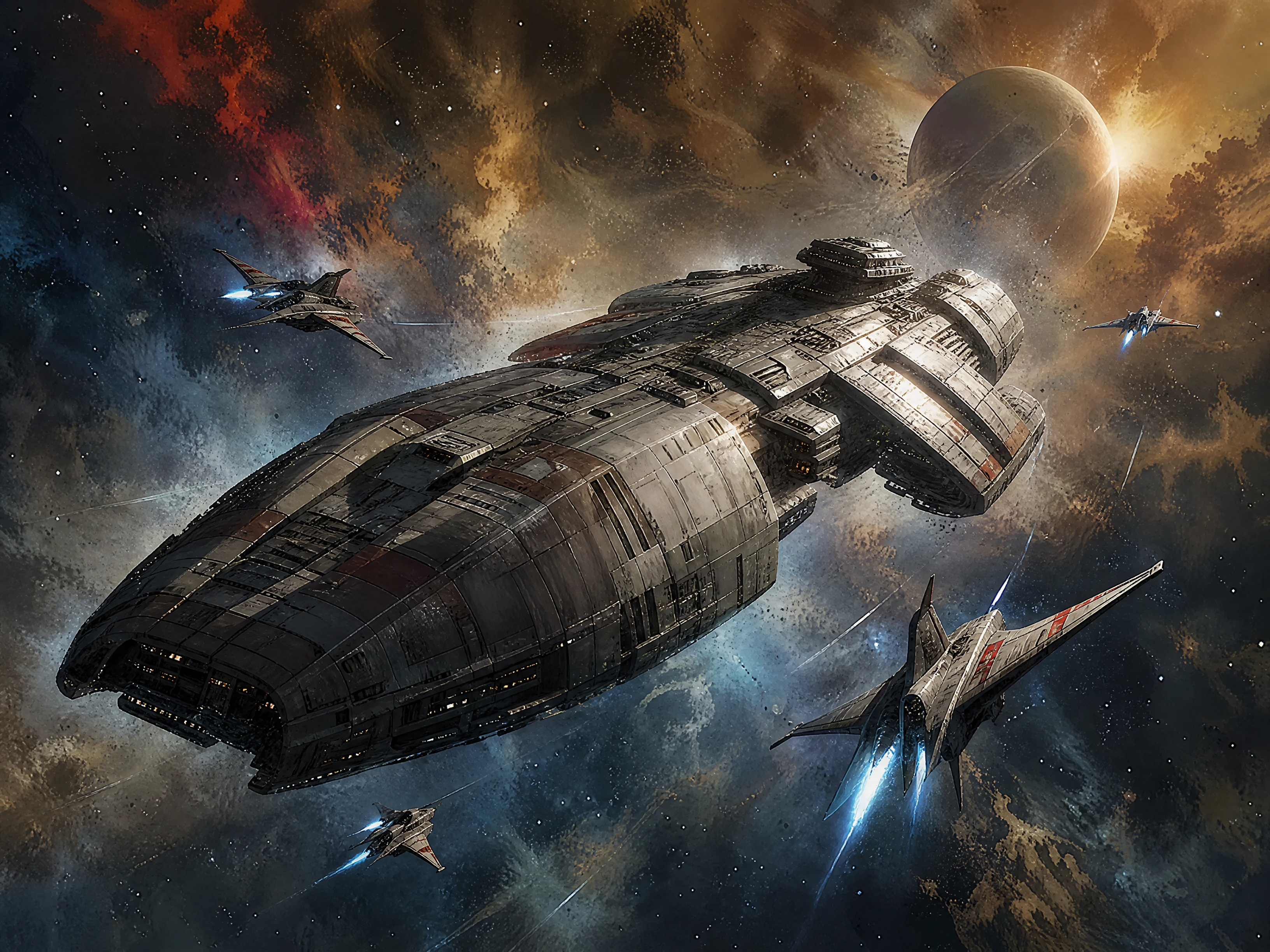 Nave Battlestar con escolta de cazas en el espacio profundo