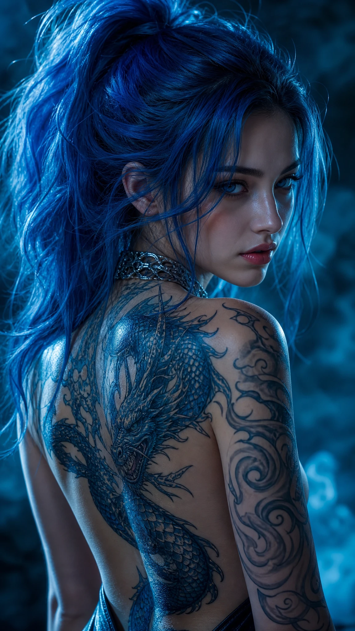 Mujer de cabello azul con tatuaje de dragón en luz cinematográfica