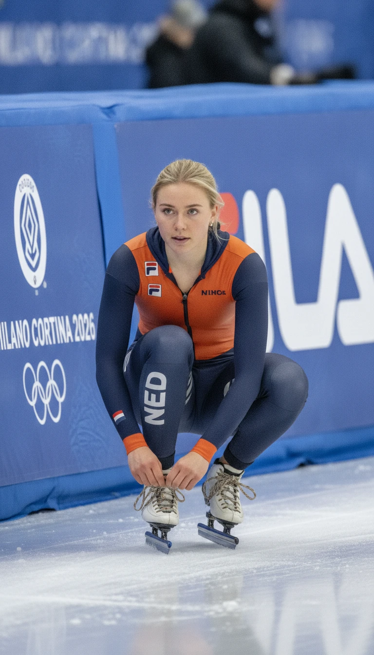 Dutch speed skater tying skate laces in arena