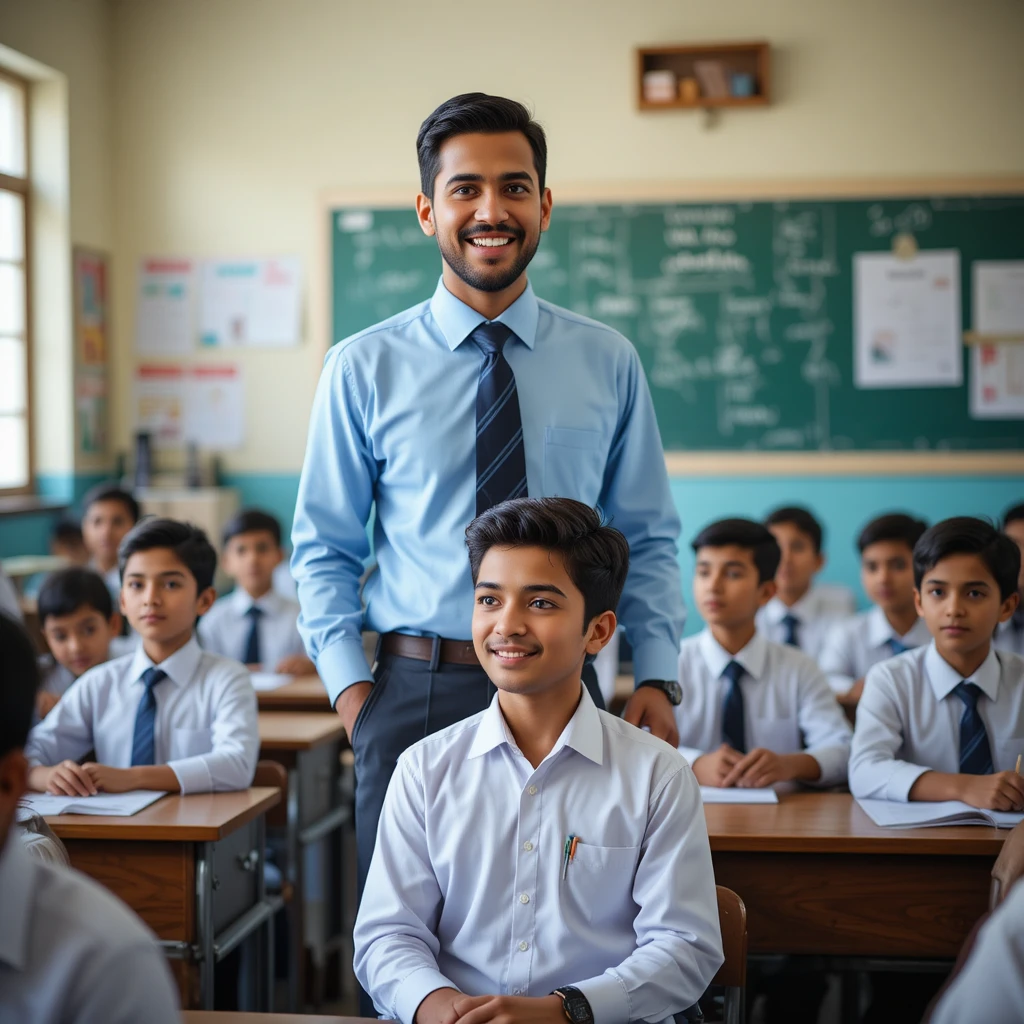 Pakistani school teacher teaching boy in bright classroom