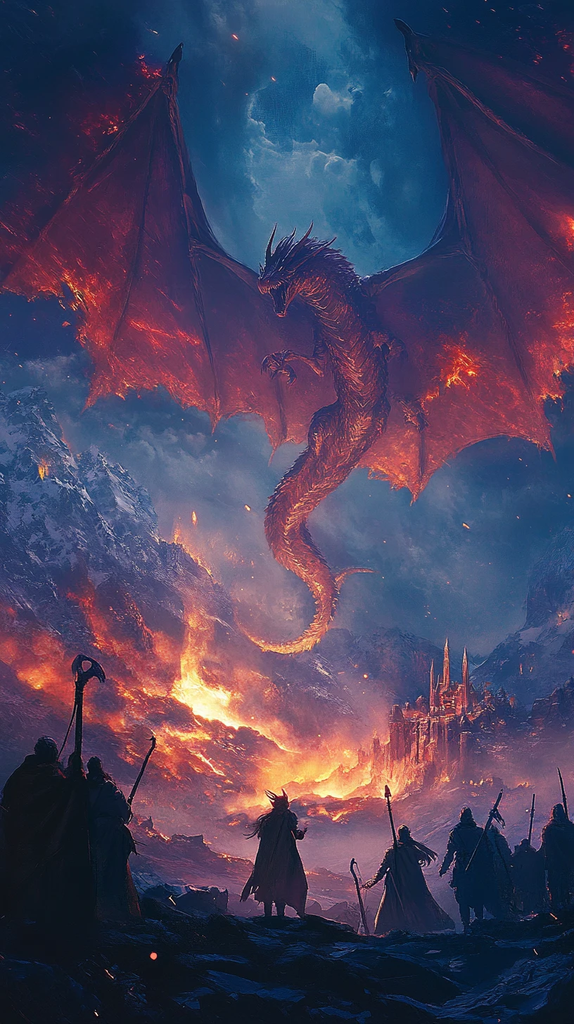 Ilustración de anime ominosa de batalla nocturna con fuego y niebla