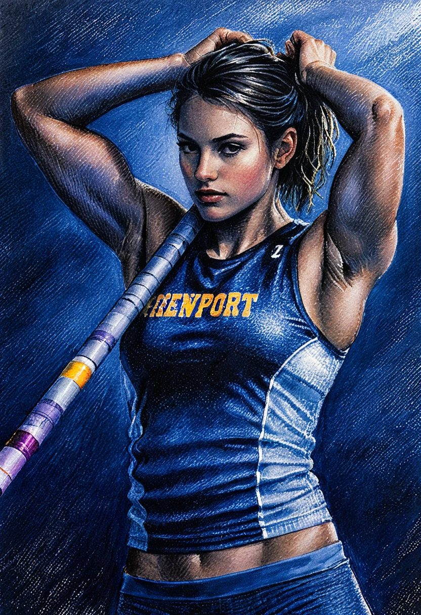 Mujer atlética ajustando su coleta con una pértiga - dibujo
