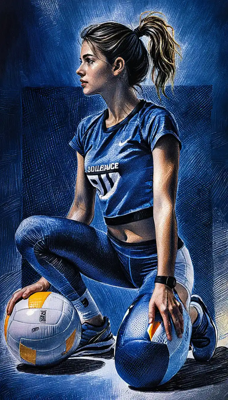 Athletic girl with volleyball in detailed pen drawing