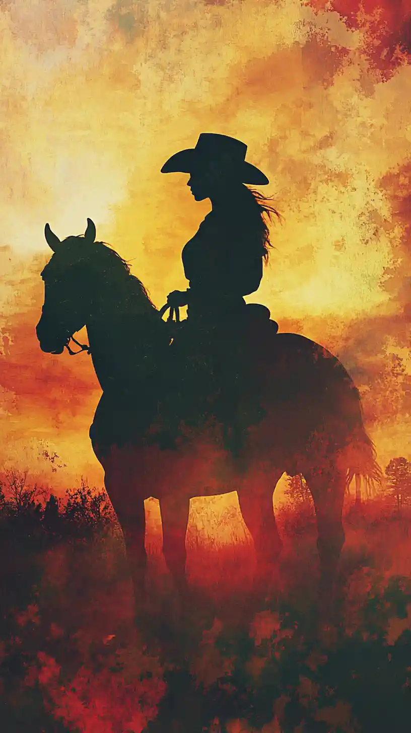 Woman in cowboy hat silhouetted against glowing sunset landscape