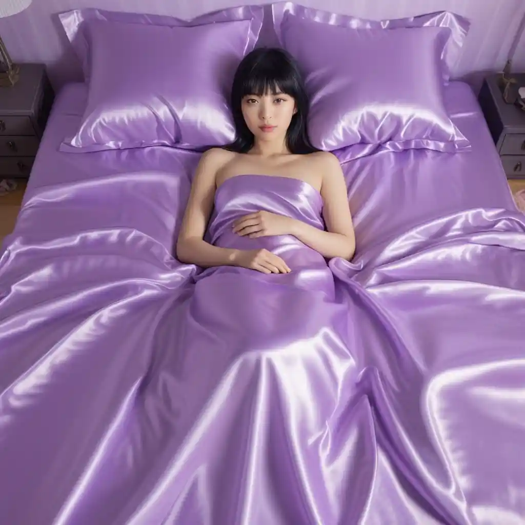 Japanese woman lying on lilac satin bed sheets