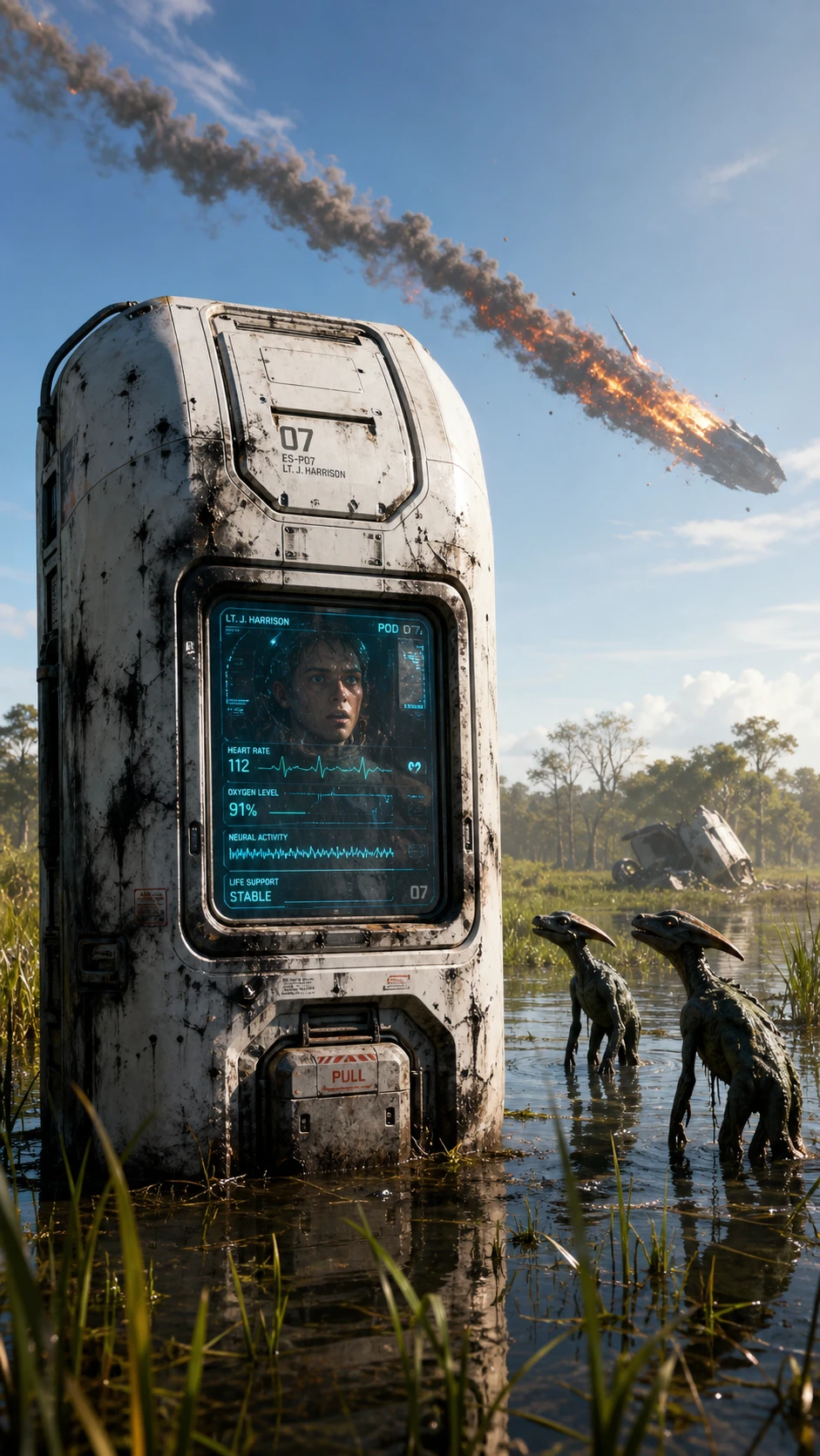 Futuristic escape pod standing in a flooded swamp