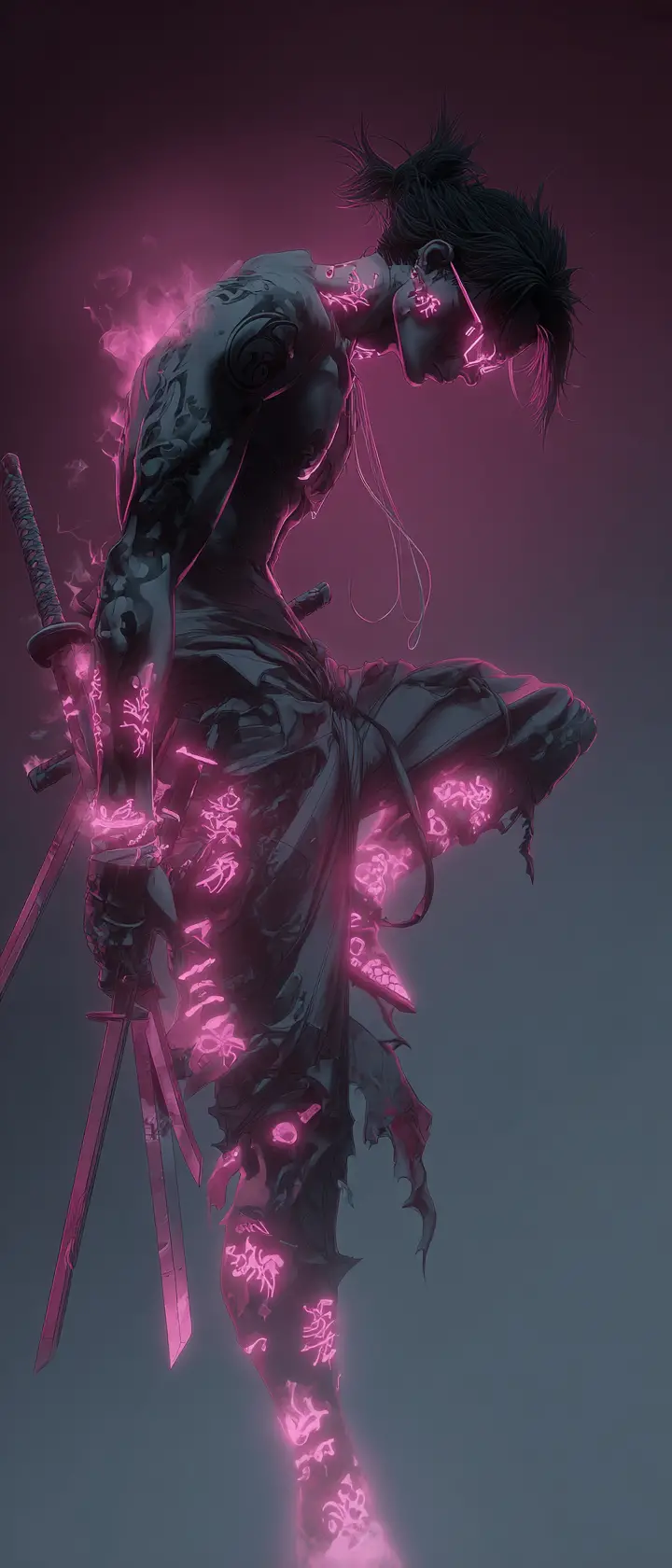 Cyberpunk warrior with neon runes above a field of swords