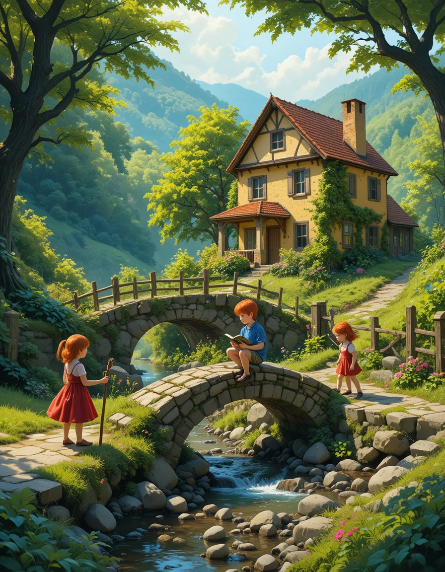 Children By A Stone Bridge In A Peaceful Valley