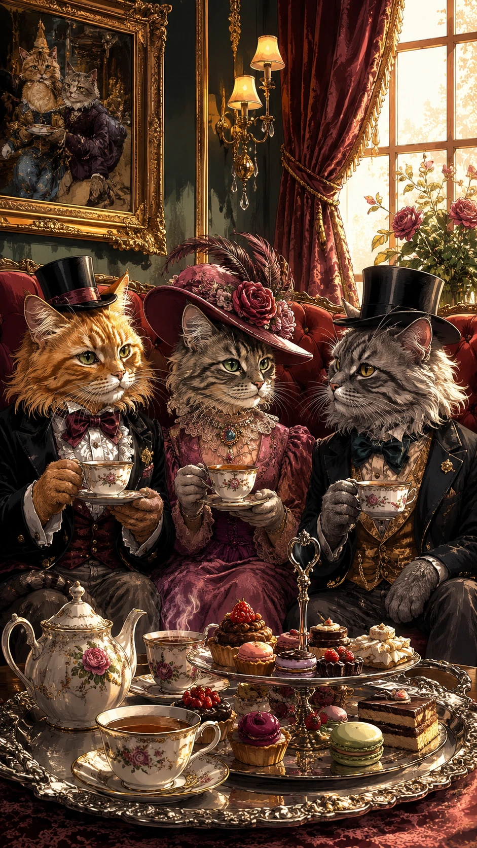 Gatos antropomórficos compartiendo un elegante té de la tarde en el sofá