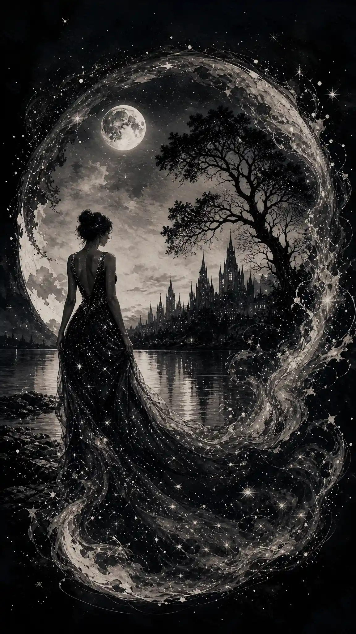 Ethereal woman by a starlit lake in surreal night