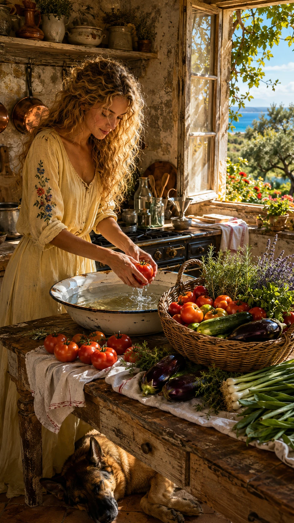 Mujer lavando verduras del huerto en cocina rústica de granja