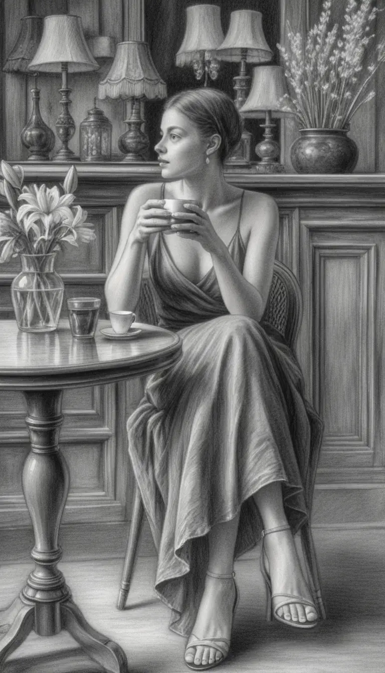 Elegant woman with coffee in a graphite cafe illustration