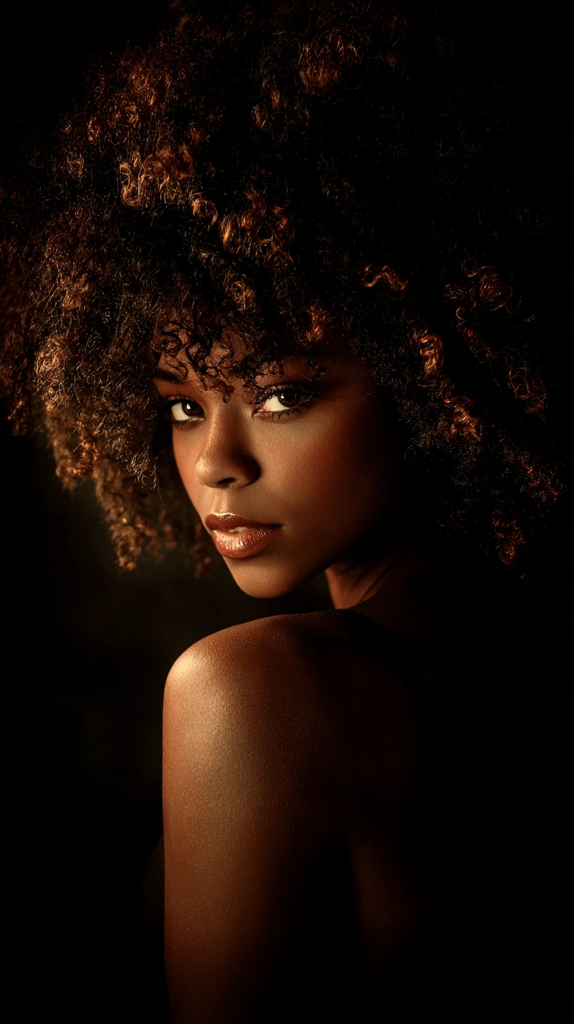 Retrato de mujer negra segura de sí misma con rizos afro radiantes