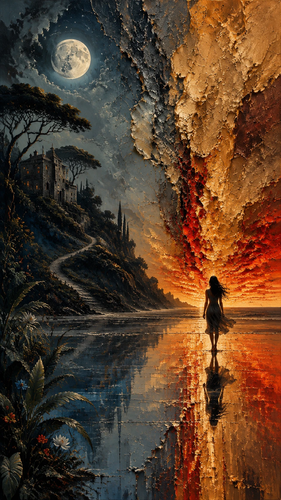 Mujer corriendo al atardecer junto a una costa fracturada y surrealista