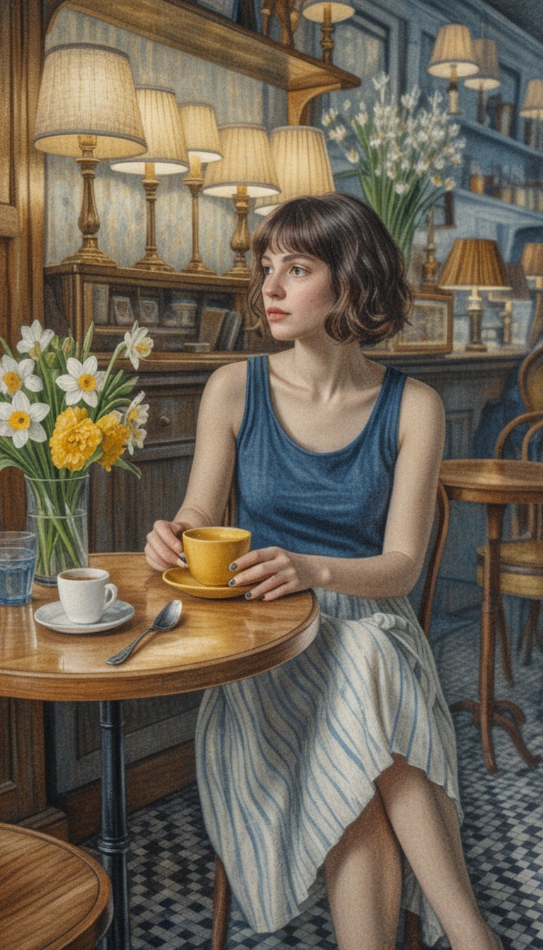 Dibujo de mujer con café en una cafetería vintage