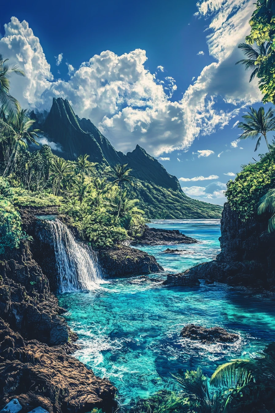 Paisaje tropical de ensueño con cascadas y picos volcánicos