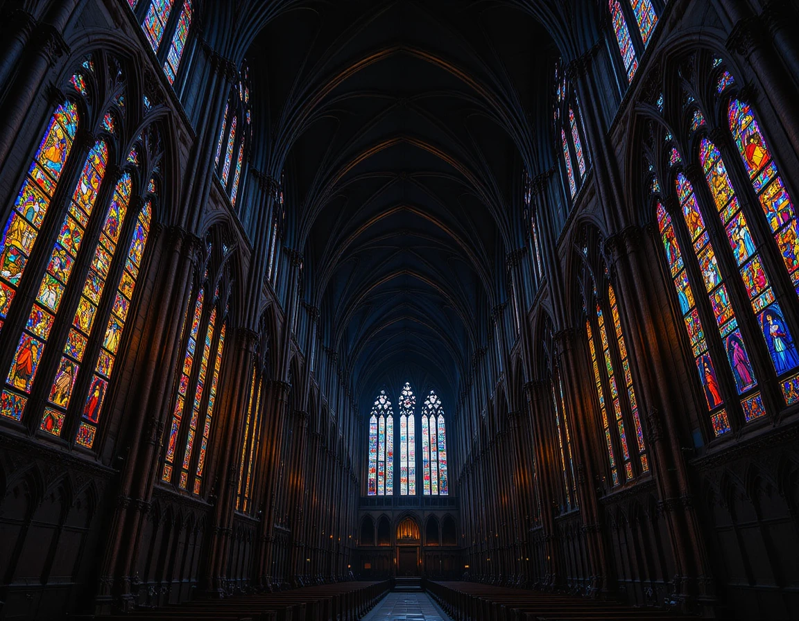 Gran nave de catedral gótica con luz colorida de vitrales