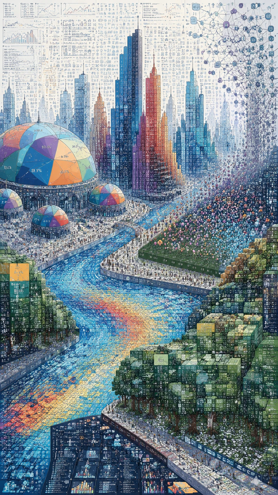 Ciudad surrealista de visualización de datos con arquitectura basada en gráficos